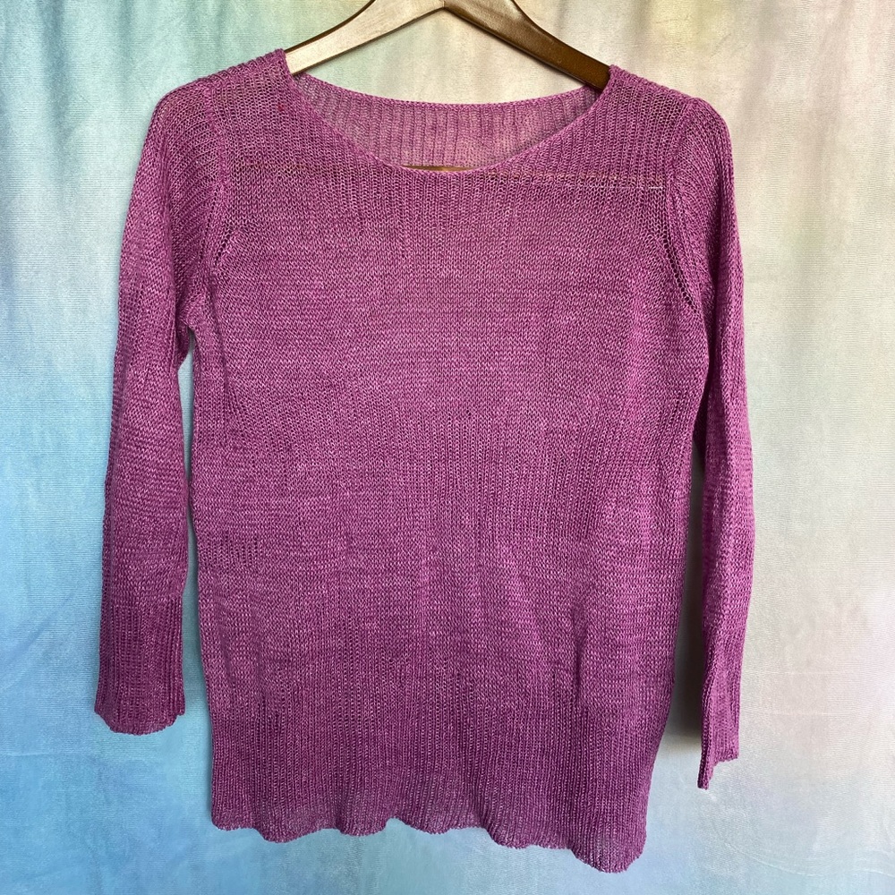 100% Linen Purple Knit Long Sleeve Scoop Neck Sweater